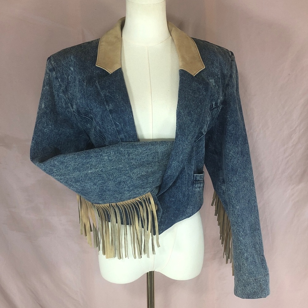 Vintage Blue Denim Western Country Leather Tan Collar Fringe Size Large Like New - Picture 8 of 16